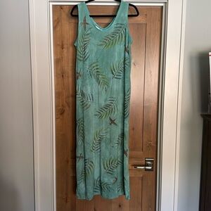 DAYDREAM BATIK leaf & hummingbird Maxi Dress Womens L V neck Rayon Tropical Boho